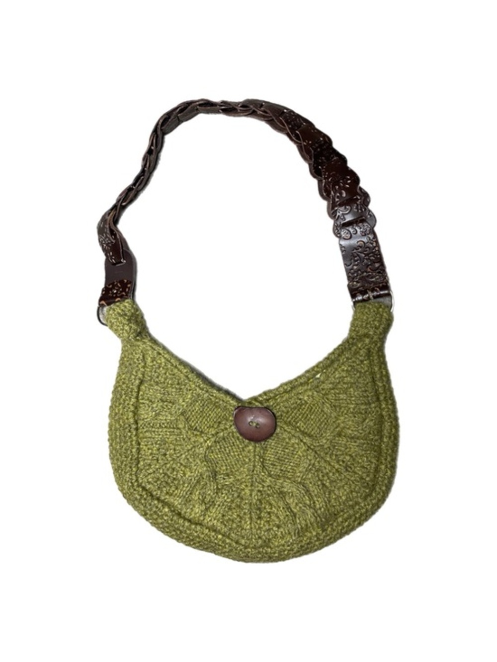 2000s Hobo Crochet Green Brown Leather Strap Bag